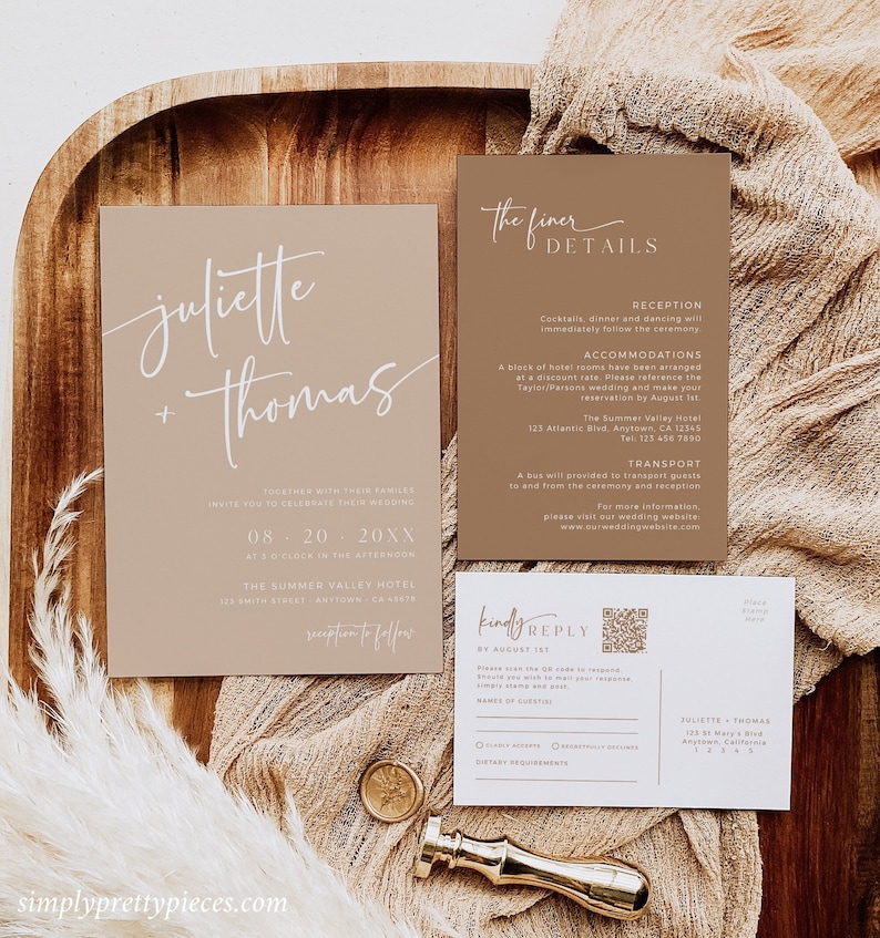Modern boho wedding invitation suite with a muted taupe color palette.