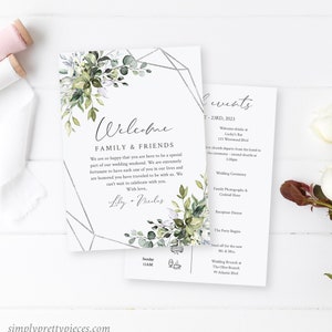 Foliage Silver Editable Welcome Bag Letter Itinerary, Greenery Wedding Timeline, Printable Order of Events Template, Instant Download, 568-A
