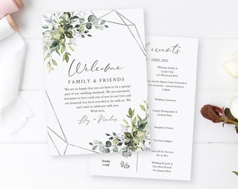 Editable Silver Foliage Welcome Bag Letter Itinerary, Greenery Wedding Timeline, Printable Order of Events Template, Instant Download, 568-A