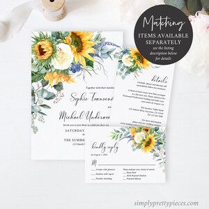 K&ouml;nnte beinhalten: Hochzeitseinladung mit Sonnenblumen und Gr&uuml;n. Die Einladung ist f&uuml;r Sophie Townsend und Michael Underwood. Die Hochzeit findet am Samstag im Summer Valley Hotel, 123 Smith St., statt. Die RSVP-Frist ist der 1. August 2022.