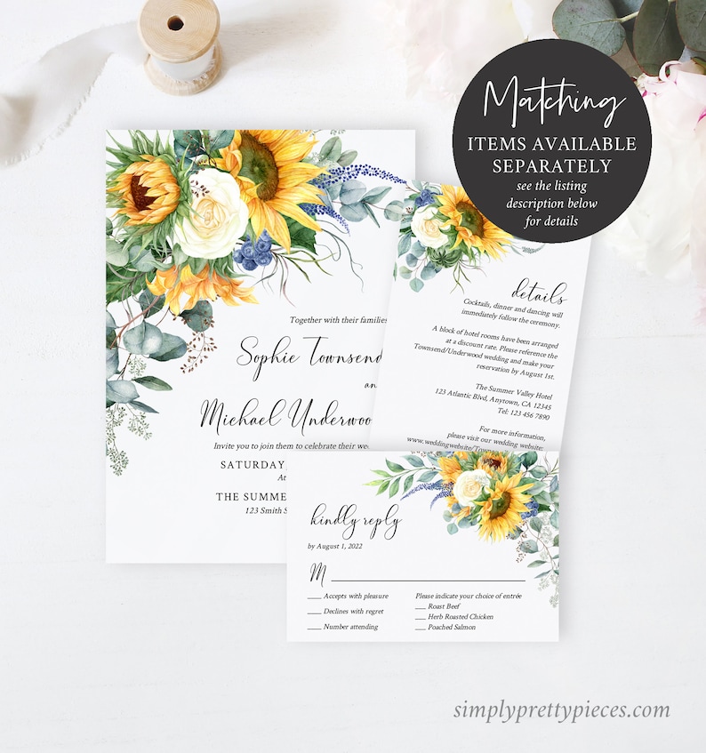 K&ouml;nnte beinhalten: Hochzeitseinladung mit Sonnenblumen und Gr&uuml;n. Die Einladung ist f&uuml;r Sophie Townsend und Michael Underwood. Die Hochzeit findet am Samstag im Summer Valley Hotel, 123 Smith St., statt. Die RSVP-Frist ist der 1. August 2022.