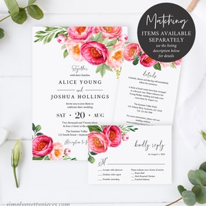 May include: Wedding invitation suite with pink floral design. The invitation features the names "Alice Young" and "Joshua Hollings" with the date "Sat. 20. Aug". The RSVP card includes a choice of entrees: Roast Beef, Herb Roasted Chicken, and Poached Salmon.