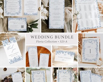 Chinoiserie Wedding Pack French Floral Wedding Invitation Set, Blue Toile Wedding Bundle Vintage Wedding Stationery, Editable Template 523-A