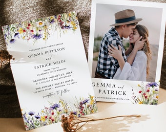 Summer Wedding Invite with Flowers, Floral Photo Invitation Template, Bright Wildflower Wedding Invitation, Spring Printable, Editable 510-A