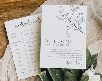 Minimal Wedding Events Timeline, Modern Wedding Weekend Itinerary, Welcome Bag Letter, Botanical Order of Events, Editable Template, 589-A