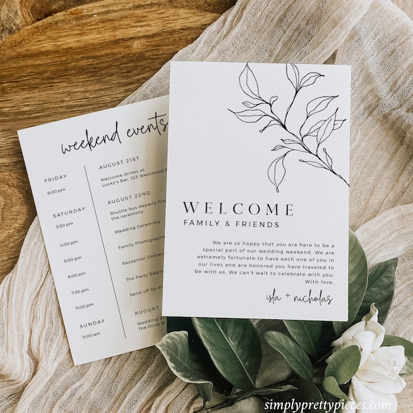 Modern Wedding Weekend Itinerary, Minimal Wedding Events Timeline, Welcome Bag Letter, Botanical Order of Events, Editable Template, 589-A