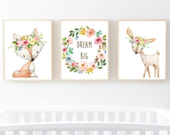 Dream Big Forest Animals Boho Printable Nursery Art, Woodland Animals, Floral Nursery Art Dream Big Fox Deer Set of 3 Instant Download 602-A