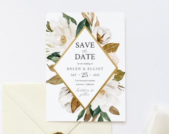 Magnolia Editable Save the Date, White Gold Floral Printable Save the Date DIY Template, Magnolia Cotton Save Date, Instant Download, 524-A