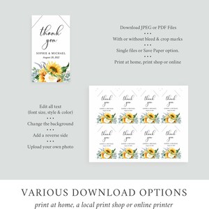 May include: A printable thank you card with a sunflower and greenery design. The card says "thank you" with the names "Sophie & Michael" and the date "August 20, 2022".