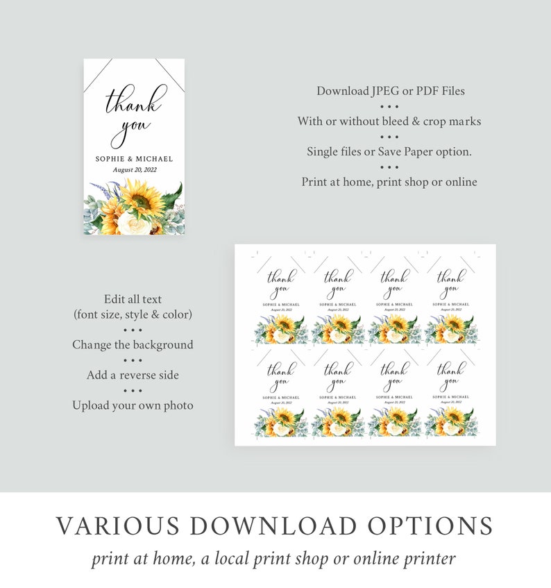May include: A printable thank you card with a sunflower and greenery design. The card says "thank you" with the names "Sophie & Michael" and the date "August 20, 2022".