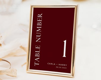 Editable Jewel Tone Table Numbers, Printable Minimal Jewel Toned Wedding Table Numbers, Burgundy Template, Instant Download, Templett 587-A