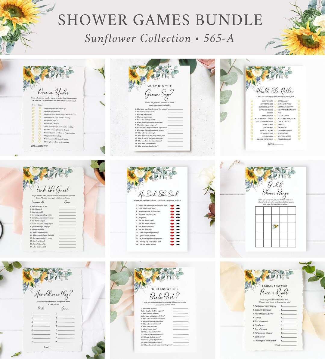 Sunflower Editable Bridal Shower Games Bundle, Yellow Floral Bridal ...