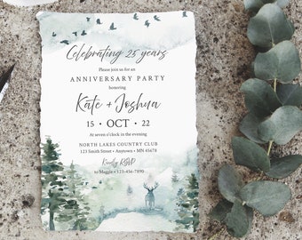 Forest Editable Anniversary Party Invitation, Deer Stag Rustic 25th 30th 40th 50th Anniversary DIY Template, Forest Instant Download 570-A