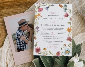 Garden Wedding Invitation Template, Wildflower Wedding Invitation, Spring Floral Wedding Invite, Blush Boho Wedding Invite, Editable 595-A