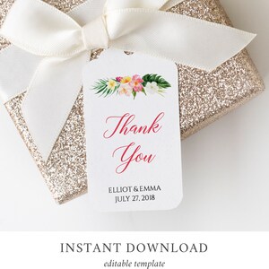 Tropical Editable Tags, Printable Floral Favor Tags, Pink Floral ...