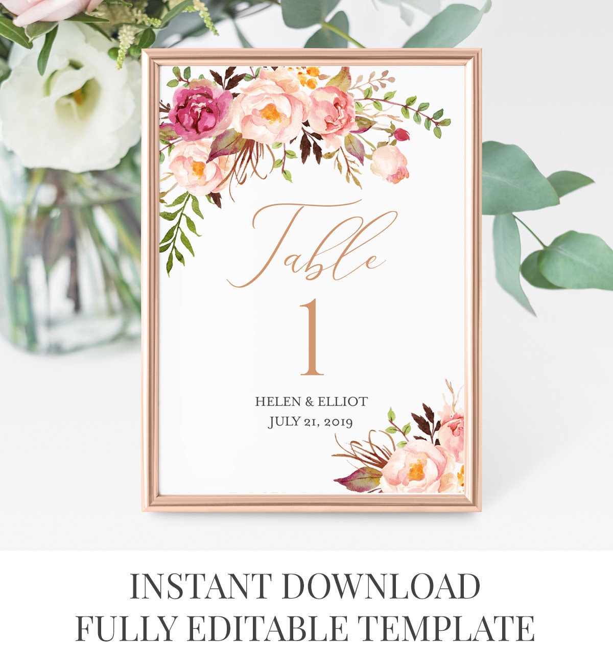 BOHO ROSE Wedding Table Numbers Template Printable Blush Pink Florals Instant Download