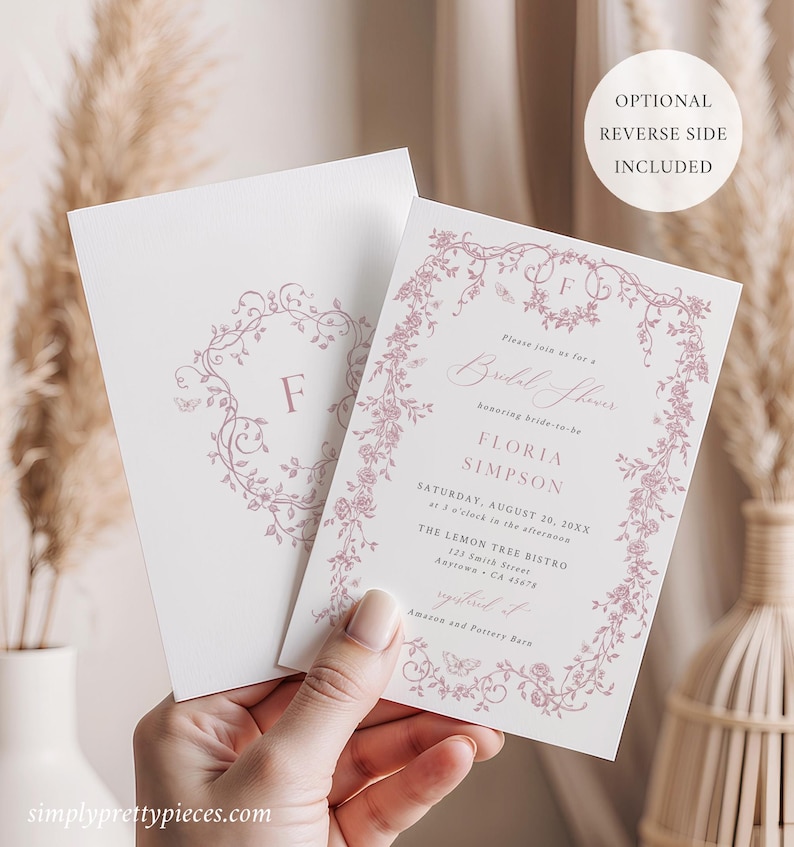 May include: A pink and white floral design bridal shower invitation with the text "Please join us for a Bridal Shower honoring bride-to-be Floria Simpson Saturday, August 20, 20XX at 3 o'clock in the afternoon The Lemon Tree Bistro 123 Smith Street Anytown, CA 43678 Amazon and Pottery Bars"