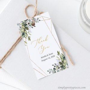 Gebladerte gouden geometrische bewerkbare tags, afdrukbare groen gunsttags, botanische cadeaukaartje, DIY tagsjabloon, Instant Download, Templett, 538-A