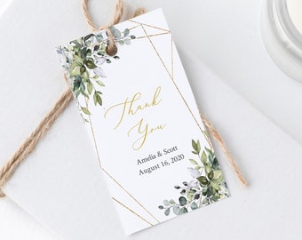 Printable Greenery Favor Tags, Foliage Gold Geometric Editable Tags, Botanical Gift Tag, DIY Tag Template, Instant Download, Templett, 538-A