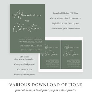 May include: A green wedding invitation template with the names Adrianna and Christian in white script. The invitation includes the date, time, and location of the wedding. The text "Download JPEG or PDF Files" is at the top of the page. The text "Various Download Options" is at the bottom of the page.