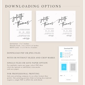 K&ouml;nnte beinhalten: Ein digitaler Download f&uuml;r Hochzeitseinladungen, Detailkarten und RSVP-Karten. Das Design zeigt die Namen "Juliette + Thomas" in einer handschriftlichen Schriftart. Der Text "08-20-20XX" ist ebenfalls enthalten, sowie der Name des Veranstaltungsortes "The Summer Valley Hotel".