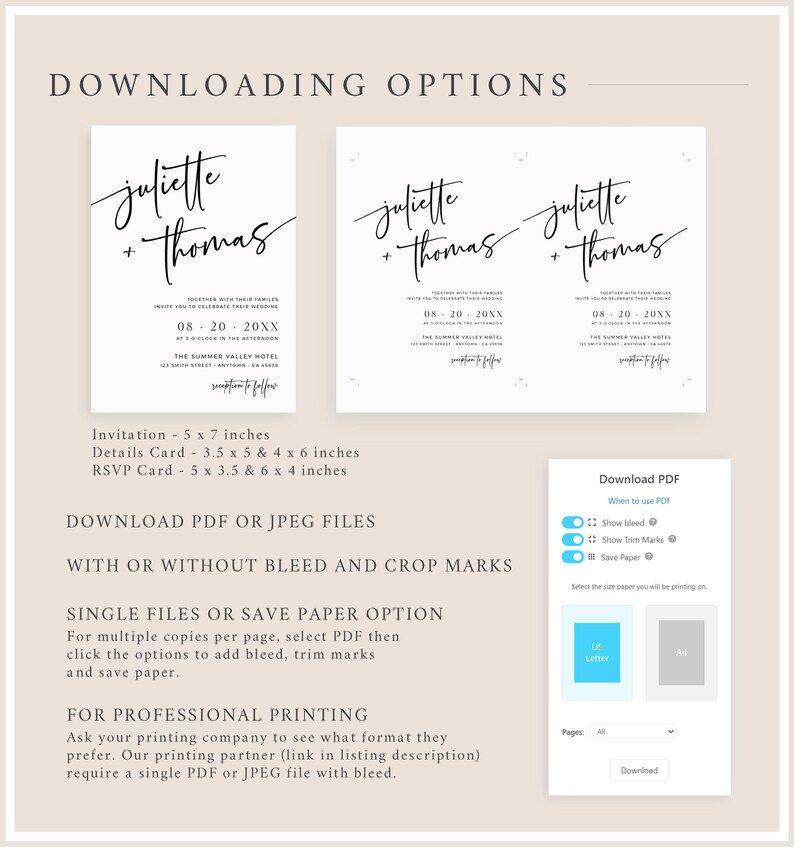 K&ouml;nnte beinhalten: Ein digitaler Download f&uuml;r Hochzeitseinladungen, Detailkarten und RSVP-Karten. Das Design zeigt die Namen "Juliette + Thomas" in einer handschriftlichen Schriftart. Der Text "08-20-20XX" ist ebenfalls enthalten, sowie der Name des Veranstaltungsortes "The Summer Valley Hotel".
