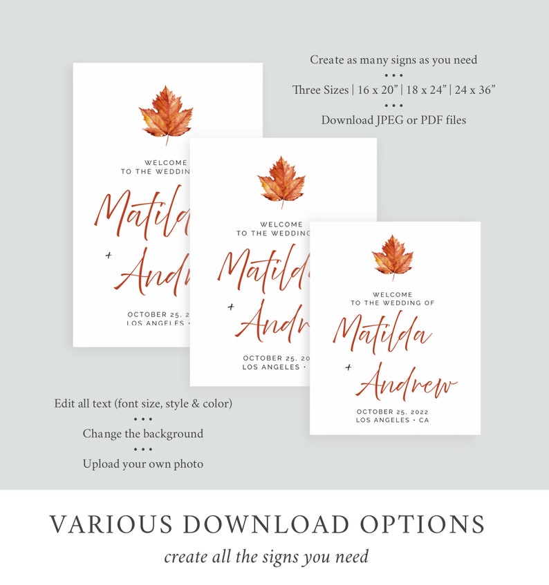 Maple Leaf Fall Editable Wedding Welcome Sign, Burnt Orange Shower, Unlimited Signs, 16 x 20 18 x 24 24 x 36 Template Instant Download 567-A image 4