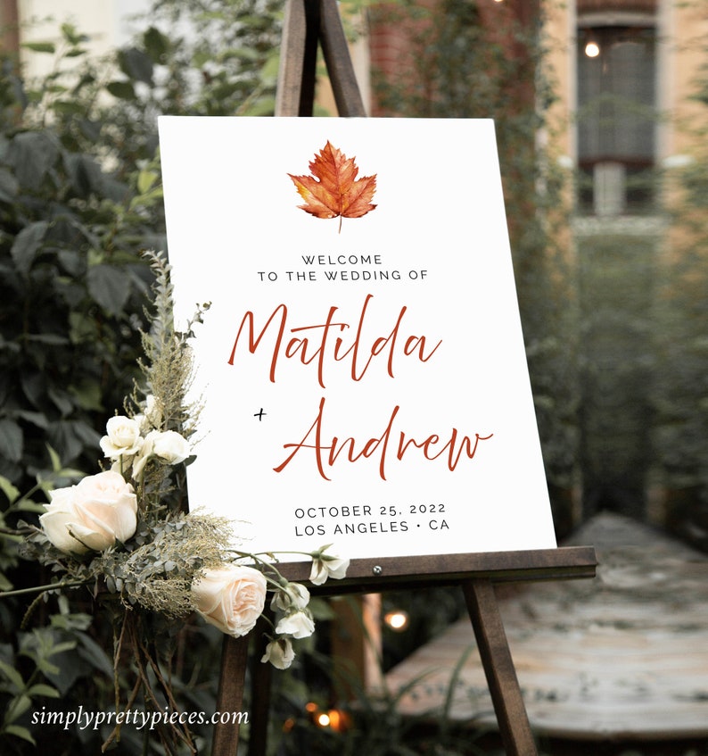 Maple Leaf Fall Editable Wedding Welcome Sign, Burnt Orange Shower, Unlimited Signs, 16 x 20 18 x 24 24 x 36 Template Instant Download 567-A image 1