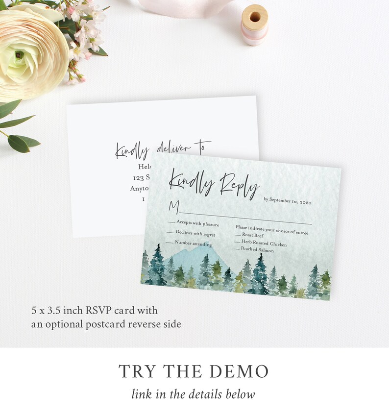 May include: A 5 x 3.5 inch RSVP card with a watercolor mountain scene and a postcard reverse side. The card has a section for guests to indicate their choice of entree: Roast Beef, Herb Roasted Chicken, or Poached Salmon. The text "Kindly Reply" is written in cursive at the top of the card.