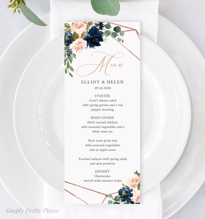 May include: A wedding menu card with a geometric design in rose gold and floral illustrations in shades of pink and blue. The text reads "Elliot & Helen 09.26.2020" and lists the menu items: Starter, Main Course, and Dessert.