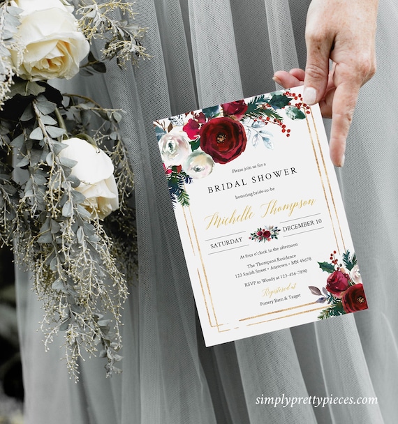 Cranberry Gold Floral Editable Bridal Shower Invitation, Winter Shower Invite DIY Template, Printable, Christmas, Instant Download, 543-A
