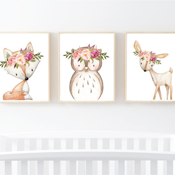 Pink Peonies Woodland Animals Boho Printable Nursery Art, Animals Nursery Decor Floral Art Fox Owl Deer Set of 3 Instant Download 610-A