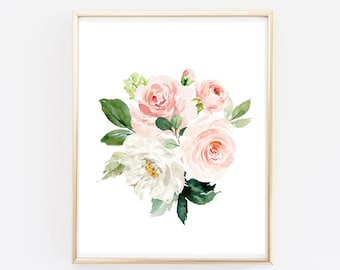 Blush Floral Boho Printable Wall Art, Pink Greenery Floral Nursery Art Print, Floral Print, Girls Room Wall Art, Girl Decor Download 614-A