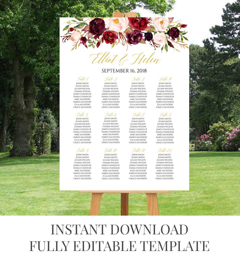 Marsala Gold Floral Editable Table Plan, Printable Burgundy Seating Chart Plan, 18 x 24 24 x 36, Template, Instant Download, Templett, 512-A image 1