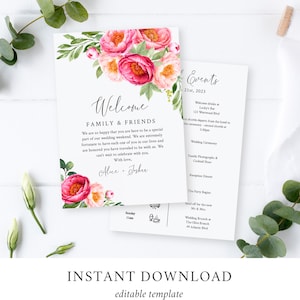 Puede incluir: Una invitaci&oacute;n de boda con un dise&ntilde;o floral con flores rosas y blancas. El texto dice "Bienvenido Familia y Amigos" e incluye los nombres Alice y Josh. La invitaci&oacute;n tambi&eacute;n incluye un cronograma de eventos para el fin de semana de la boda.