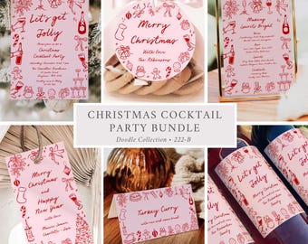 Printable Holiday Drinks Invitation Pack, Doodle Christmas Cocktail Party Bundle Hand Drawn Christmas Set, Pink Red Editable Template, 222-B