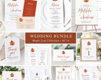 Fall Maple Leaf Editable Wedding Bundle, Minimal Printable Invitation Suite Sign Menu Seating Chart Program, Templett Instant Download 567-A