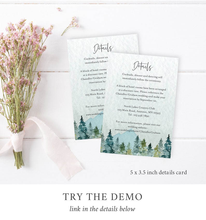 May include: Two 5 x 3.5 inch wedding details cards with a watercolor forest scene. The text on the cards reads "Details" and includes information about cocktails, dinner, and dancing. The cards also include the name of the venue, North Lakes Country Club, and the address and phone number. The text "TRY THE DEMO" is at the bottom of the image.