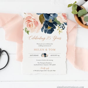 Editable Navy Blush Rose Gold Anniversary Party Invitation, Pink Blue 25th 30th 40th 50th Anniversary DIY Template, Instant Download 542-A