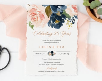 Editable Pink Blue Rose Gold Anniversary Party Invitation, Navy Blush 25th 30th 40th 50th Anniversary DIY Template, Instant Download 542-A