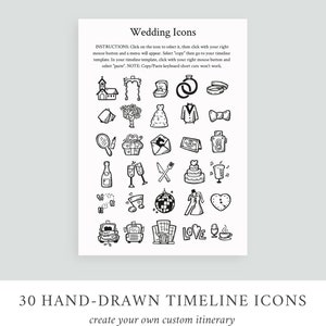 Puede incluir: Una hoja de ilustraci&oacute;n en blanco y negro con 30 iconos de l&iacute;nea de tiempo de boda dibujados a mano. Los iconos incluyen una iglesia, un arco, anillos, una corbata de mo&ntilde;o, un regalo, copas de champ&aacute;n, un pastel, notas musicales, una bola de discoteca, un vestido de novia, un coraz&oacute;n, un autom&oacute;vil, un edificio y una taza de caf&eacute;. El texto "Wedding Icons" y "30 HAND-DRAWN TIMELINE ICONS" est&aacute; incluido en la imagen. El texto "create your own custom itinerary" tambi&eacute;n est&aacute; incluido en la imagen.