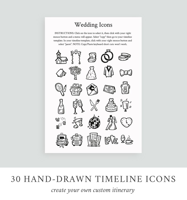 Puede incluir: Una hoja de ilustraci&oacute;n en blanco y negro con 30 iconos de l&iacute;nea de tiempo de boda dibujados a mano. Los iconos incluyen una iglesia, un arco, anillos, una corbata de mo&ntilde;o, un regalo, copas de champ&aacute;n, un pastel, notas musicales, una bola de discoteca, un vestido de novia, un coraz&oacute;n, un autom&oacute;vil, un edificio y una taza de caf&eacute;. El texto "Wedding Icons" y "30 HAND-DRAWN TIMELINE ICONS" est&aacute; incluido en la imagen. El texto "create your own custom itinerary" tambi&eacute;n est&aacute; incluido en la imagen.