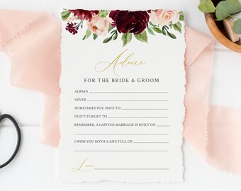 Burgundy Blush Gold Floral Editable Advice for the Bride and Groom, Printable Bridal Shower Template, Advice Card, Instant Download 574-A
