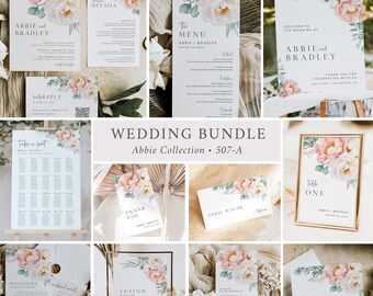 Peonies Wedding Set, Garden Wedding Invitation Set, Peony Wedding Bundle, Peony Wedding Kit, Wedding Stationery Set, Editable Template 507-A
