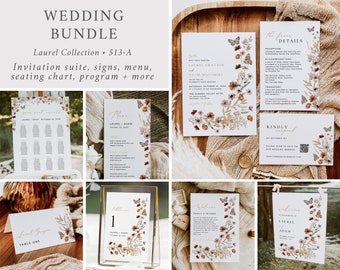 Fall Wedding Bundle, Wildflower Wedding Pack, Pressed Flower Wedding Invitation Set, Wedding Kit, Stationery Set, Editable Template, 513-A