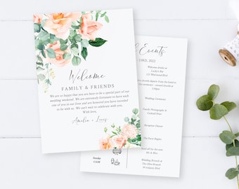 Editable Peach Rose Greenery Floral Welcome Bag Letter Itinerary, Wedding Timeline, Printable Order Events, Template, Instant Download 551-A