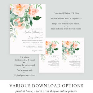 Peach Greenery Floral Editable Wedding Invitation Suite, Peach Eucalyptus RSVP Details, Peach Printable Template, Instant Download, 551-A image 6