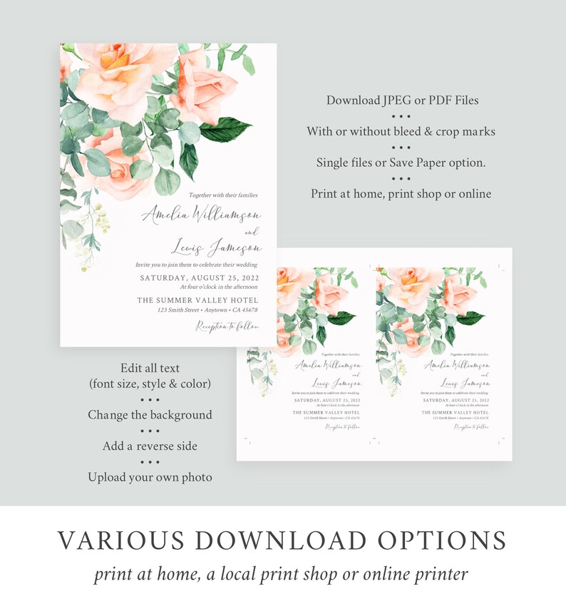 Peach Greenery Floral Editable Wedding Invitation Suite, Peach Eucalyptus RSVP Details, Peach Printable Template, Instant Download, 551-A image 6