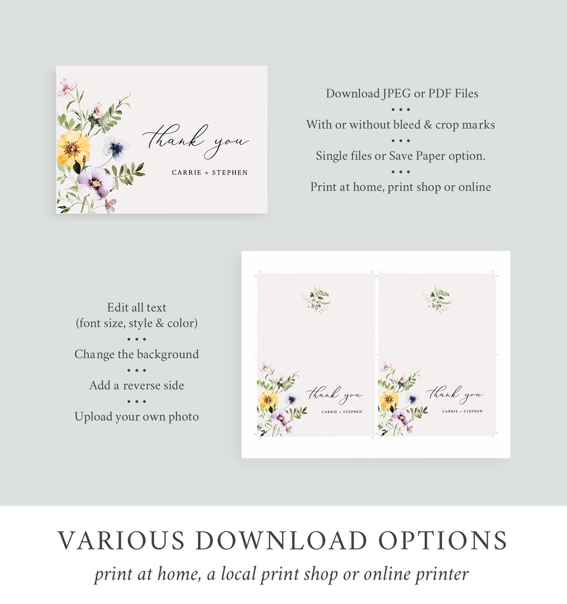 Wildflower Editable Thank You Cards, Printable Green Purple Pink Floral ...