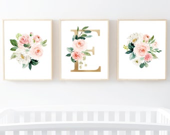 Blush Gold Floral Monogram Boho Printable Wall Art, Personalised Floral Monogram Nursery Art, Pink Greenery Flowers, Set of 3 Download 614-A